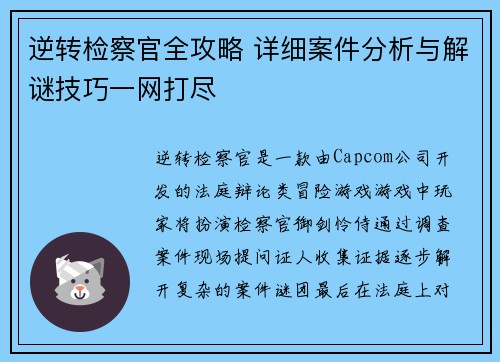 逆转检察官全攻略 详细案件分析与解谜技巧一网打尽